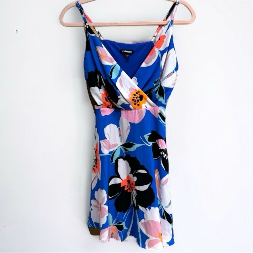 Express Blue Floral Print Fit & Flare Dress | Size Small